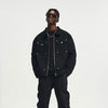 Men's Black Washed Denim Jacket with Zipper and Pocket Detailing - Retro Streetwear Style