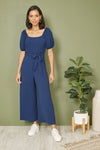 Yumi Navy Square Neck Puff Sleeve Culotte Jumpsuit