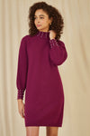 Yumi Plum Pearl Detail Knitted Relaxed Jumper Dress