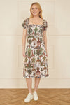 Yumi White Cotton Safari Print Ruched Midi Dress