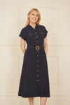 Yumi Navy Viscose Linen Look Midi Shirt Dress With Wooden Belt