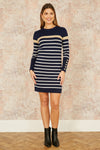 Yumi Navy Striped Knitted Dress With Button Cuff Detail