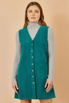 Yumi Teal Cord Button Through Pinafore Dress With Pockets