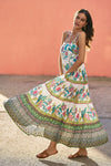 Yumi White Floral Block Print Tiered Maxi Sun Dress