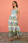 Yumi White Floral Block Print Tiered Maxi Sun Dress
