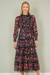 Yumi Navy Blossom Print Maxi Dress With Long Sleeves and Lace Trims