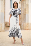 Yumi White Mirror Floral Design Pleated Midi Dress