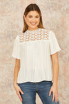 Yumi White Lace Panel Pleated Short Sleeve Top