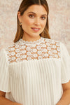 Yumi White Lace Panel Pleated Short Sleeve Top