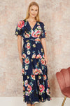 Yumi Navy Floral Mesh Tiered Maxi Dress