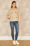 Yumi Beige Cropped Trench Jacket With Pockets and Check Lining