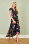Yumi Navy Flower Print Wrap Midi Dress