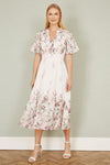 Yumi White Mirrored Floral Button Up Midi Dress With Ruched Waist