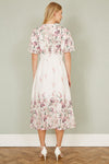 Yumi White Mirrored Floral Button Up Midi Dress With Ruched Waist