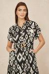 Yumi Black Abstract Geo Print Relaxed Midi Shirt Dress With Belt