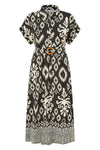 Yumi Black Abstract Geo Print Relaxed Midi Shirt Dress With Belt