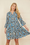 Yumi Viscose Blue Ikat Print 3/4 Sleeve Tunic Dress