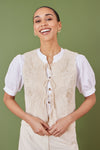 Yumi Beige Knitted Tie Front Waistcoat With Floral Details