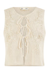 Yumi Beige Knitted Tie Front Waistcoat With Floral Details