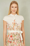 Yumi White Linen Floral Mirrored Placement Skater Dress