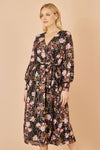 Yumi Black Foiled Floral Print Wrap Midi Dress