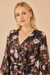 Yumi Black Foiled Floral Print Wrap Midi Dress