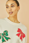 Yumi White Sequinned Bow Relaxed Fit Jumper