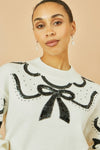 Yumi White Sequinned Bow Neckline Jumper