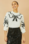Yumi White Sequinned Bow Neckline Jumper