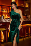 Yumi Green Velvet Frill One Shoulder Midi Dress With Split Hem
