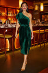 Yumi Green Velvet Frill One Shoulder Midi Dress With Split Hem