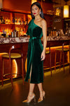 Yumi Green Velvet Frill One Shoulder Midi Dress With Split Hem