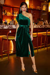 Yumi Green Velvet Frill One Shoulder Midi Dress With Split Hem