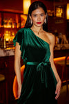 Yumi Green Velvet Frill One Shoulder Midi Dress With Split Hem