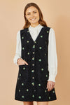 Yumi Black Flower Embroidered Button Up Pinafore Dress