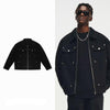 Men's Black Washed Denim Jacket with Zipper and Pocket Detailing - Retro Streetwear Style