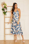 Mela Blue Floral Satin Twist Front Midi Dress