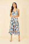 Mela Blue Floral Satin Twist Front Midi Dress