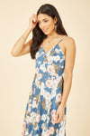 Mela Blue Floral Satin Twist Front Midi Dress