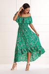 Mela Green Ditsy Print Bardot Dipped Hem Dress