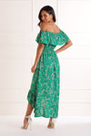 Mela Green Ditsy Print Bardot Dipped Hem Dress