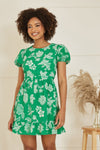 Mela Green Floral Print Skater Dress With Back Tie