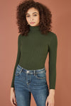 Mela Green Ribbed Knit Roll Neck Jumper