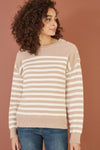 Yumi Beige Stripe Knitted Relaxed Jumper With Button Details