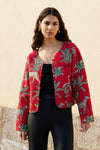 Yumi Red Animal Print Reversible Cotton Cropped Quilted Jacket