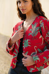 Yumi Red Animal Print Reversible Cotton Cropped Quilted Jacket